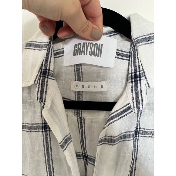 Grayson Anthropologie Size 1 (US XS) The Hero 100 Linen Plaid White Blue Button - Picture 4 of 6